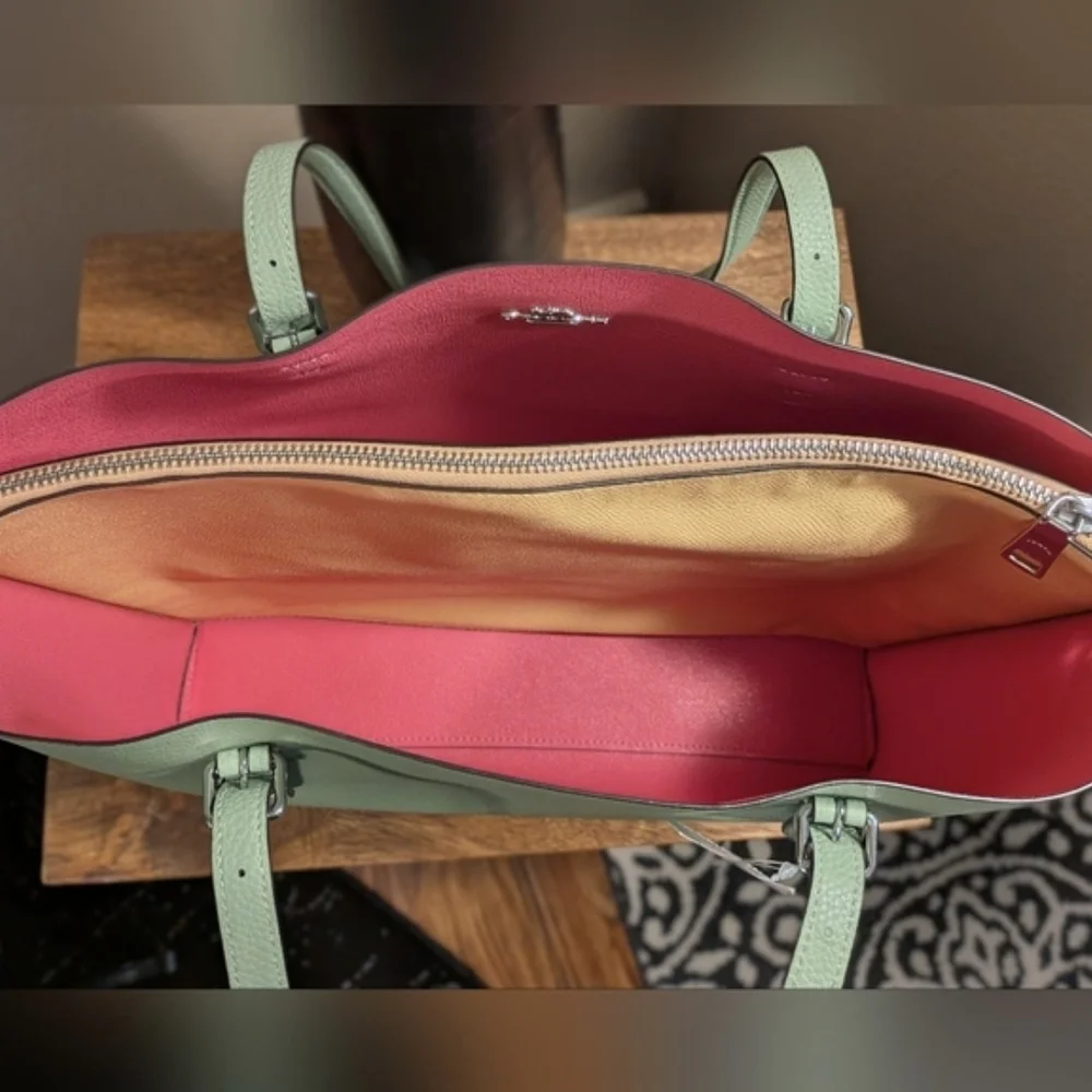 NWT! Coach Pebbled Leather Mollie (Large) Tote in PALE PISTACHIO - Picture 6 of 8